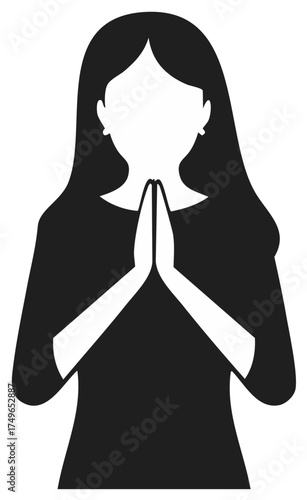 Minimalist illustration of a woman with folded hands in a prayer or namaste gesture, expressing peace and respect