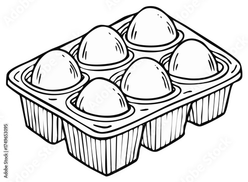 Hand-drawn line art of six eggs in a carton, essential food ingredient for cooking and baking.