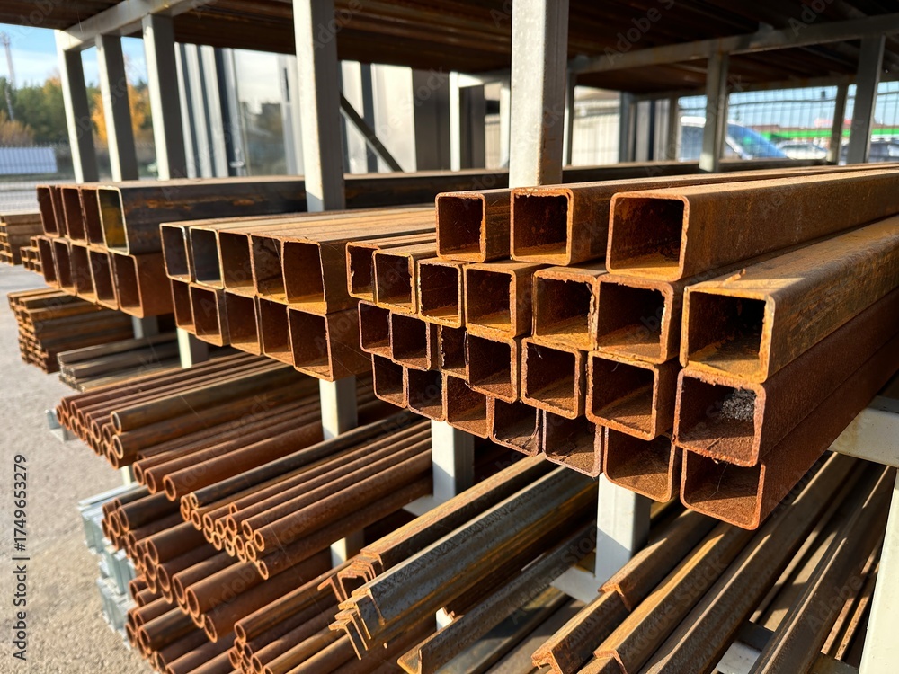 Fototapeta premium Steel profile pipes with square cross section. Outdoor warehouse of building materials