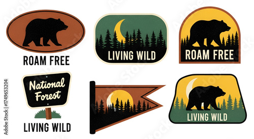Collection of camping and nature themed designs, featuring bears, trees, and outdoor elements.