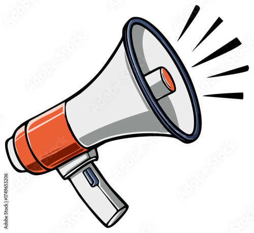 Cartoon Megaphone Loudspeaker Voice Amplifier White and Orange with Sound Waves