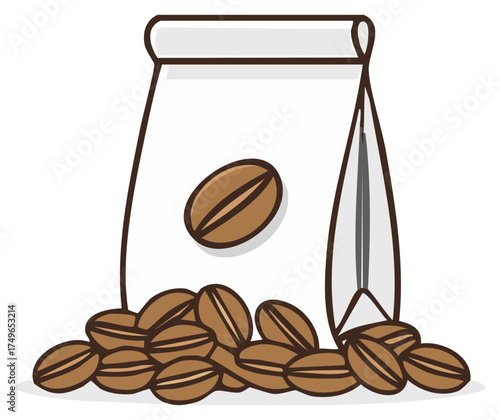 Coffee beans illustration with a bag. Depicting a white bag and heap of brown coffee beans. Line art graphic.