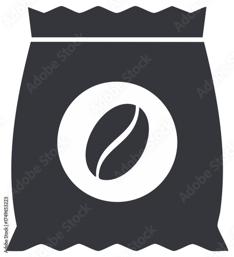 Dark gray package icon with white coffee bean symbol and serrated top edge