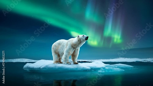 A majestic polar bear stands on a small ice floe in the cold ocean water. Above, the vibrant green and purple hues of the Aurora Borealis light up the dark night sky.