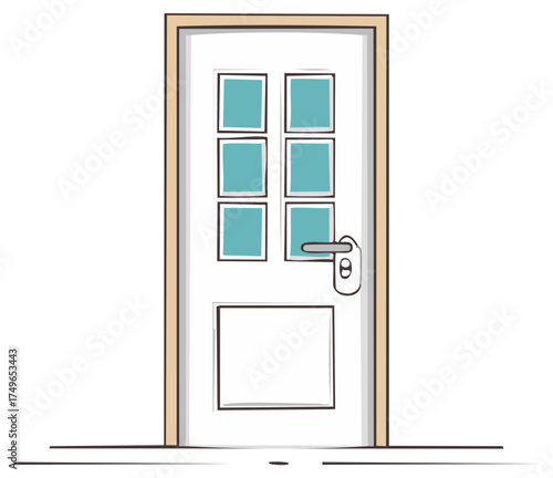 Hand drawn illustration of a closed white house door with small glass windows