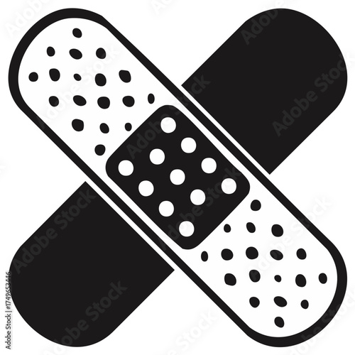 Black and white icon of two crossed adhesive bandages symbolizing first aid and healing