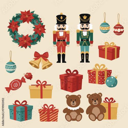 Christmas Element Set, Christmas Collection, Christmas icons, including Santa, reindeer, wreath, ornaments, and more holiday elements, perfect for seasonal designs and celebrations