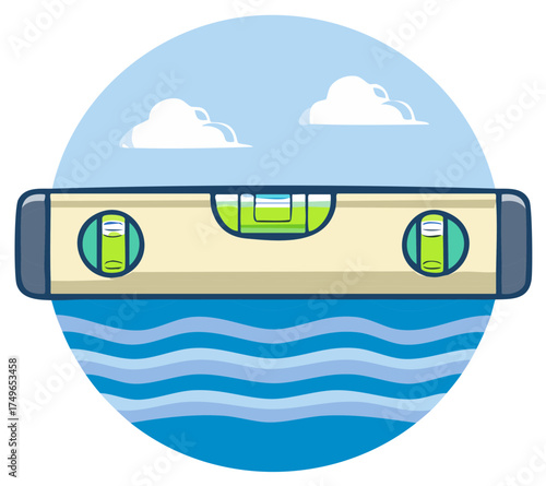 Cartoon Illustration of a Level Tool on Water with Clouds