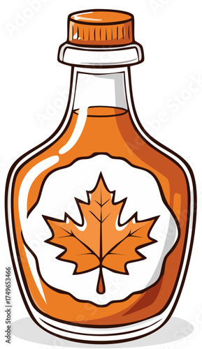 Illustration of a maple syrup bottle with a maple leaf symbol.
