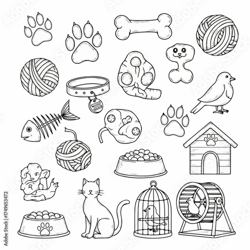 Vector set of diverse pet supplies, accessories, and animals in a clean outline style, perfect for animal care and companion themes.