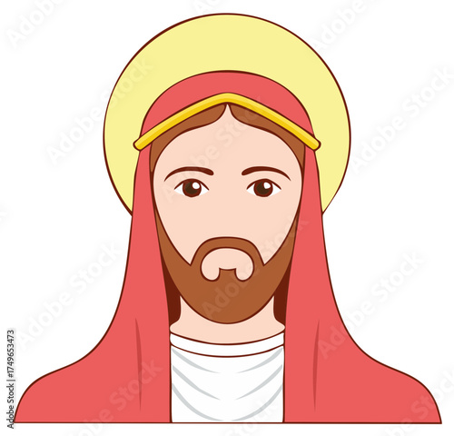 Illustration of a man with halo and beard wearing red and gold shawl spiritual figure religious figure icon