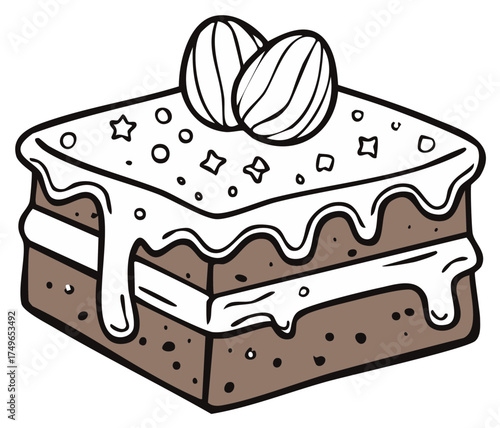 Hand drawn cartoon illustration of a delicious square chocolate cake with white icing and almonds