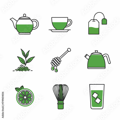 Green Tea Essentials Icon Set: Teapot, Cup, Teabag, Plant, Honey Dipper, Kettle, Lime, Matcha Whisk, and Iced Tea Beverage. A complete collection.
