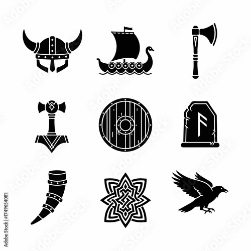Viking and Norse Mythology Icon Set: Ancient symbols of warriors, culture, legends. Helmet, longship, axe, Mjolnir, shield, rune, horn, knot, raven silhouettes.
