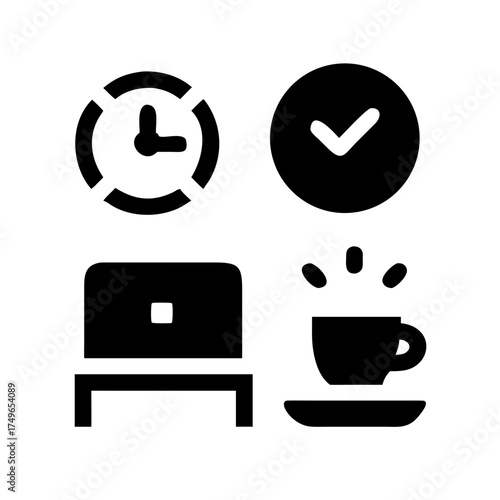 Icons representing time, check mark, laptop, and coffee break