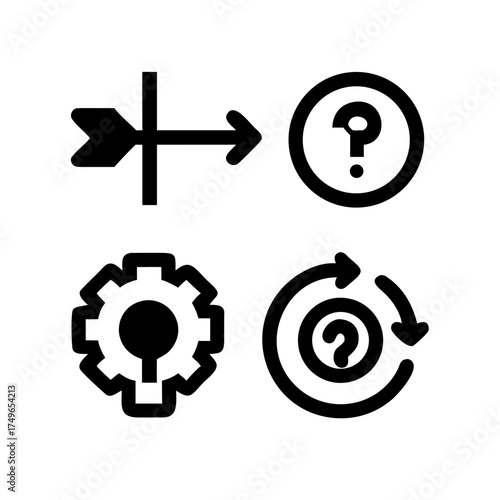Icon set representing business direction, problem analysis, and process management