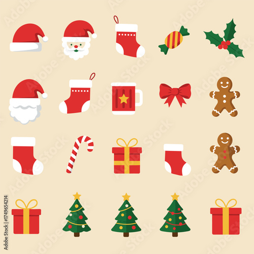Christmas Element Set, Christmas Collection, Christmas icons, including Santa, reindeer, wreath, ornaments, and more holiday elements, perfect for seasonal designs and celebrations