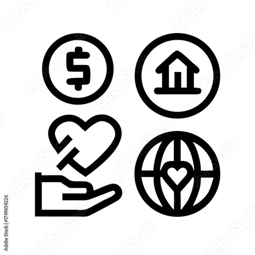 Icon set representing charity, donation, and global impact