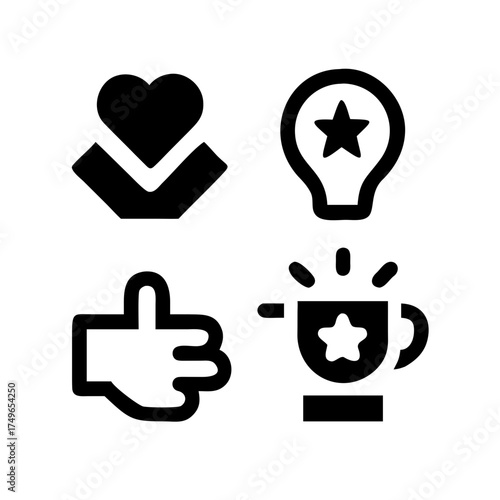 Icon set featuring heart, star, thumb up, and coffee cup