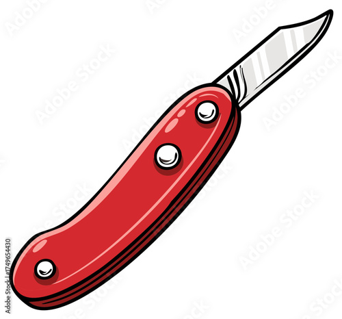 Cartoon red pocket knife with an open steel blade vector illustration