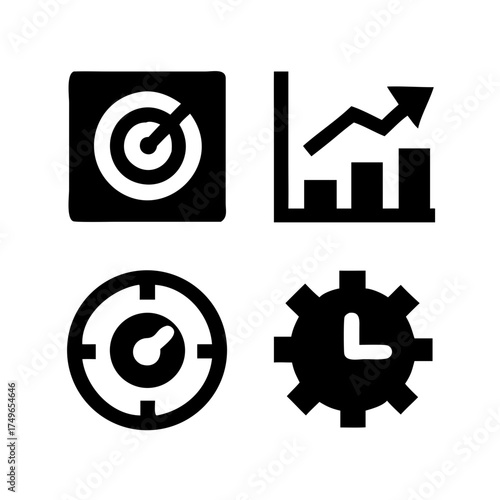 Business performance indicators showing target, graph, timer and gear