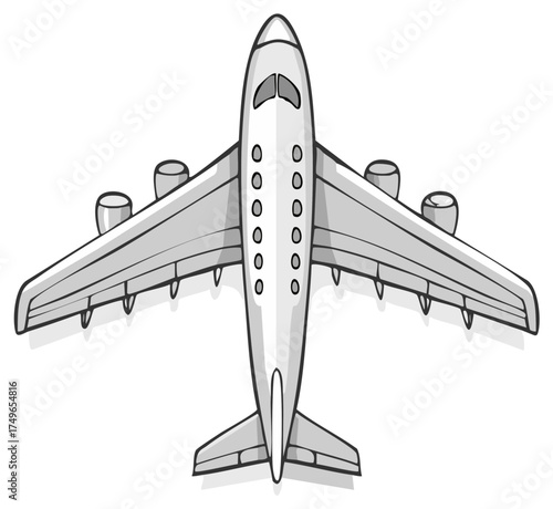 Stylized Four Engine Commercial Airplane Illustration, Flat Design Air Transport for Passengers
