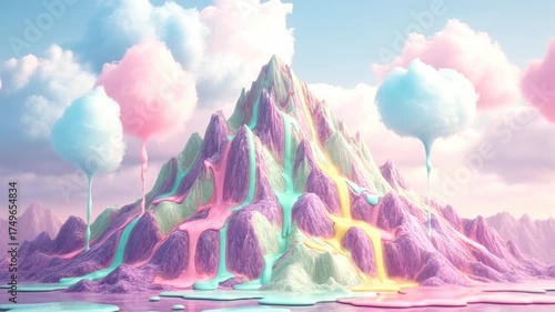 A surreal landscape featuring a candy-coated mountain with pastel-colored drips resembling lava. Cotton candy clouds float in a soft sky, creating a whimsical and dreamy atmosphere.