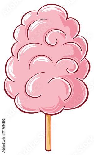 Cartoon cotton candy on a stick, sweet treat, illustration of a pink confection on a stick