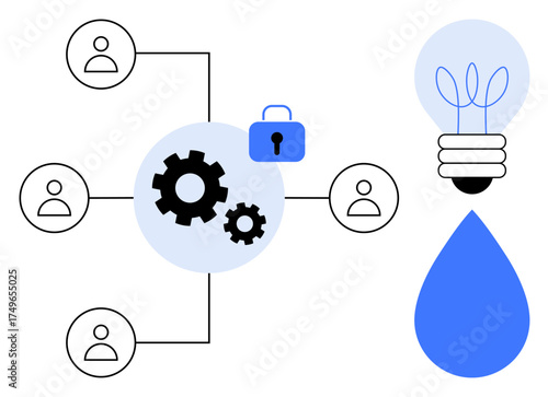 Network of people connected through gears, secure padlock, light bulb, and water drop symbol. Ideal for teamwork, innovation, security, collaboration, problem-solving creativity and simplicity as