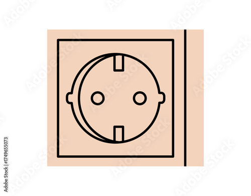 Hand drawn cute illustration of wall socket. Flat vector electrical current energy doodle. Power supply for device. Energy grid connection icon. Unplugged contact. Isolated.