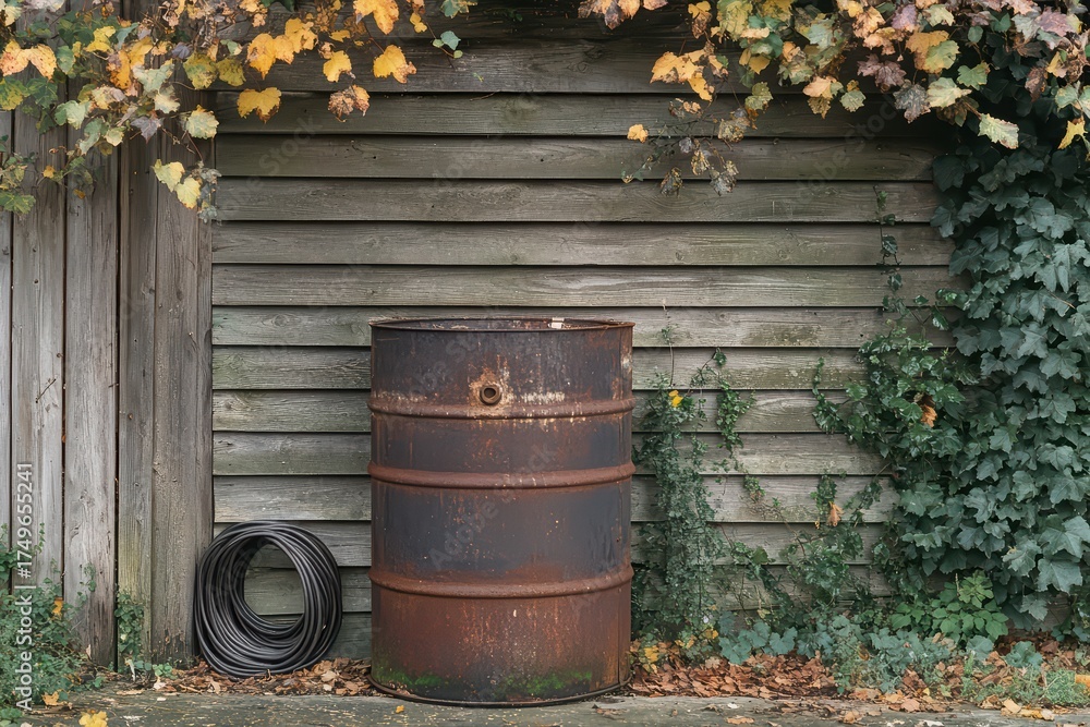 Obraz premium Rusty metal barrel with garden hose against a weather-beaten wooden shed with autumn leaves on a fence. Rural countryside scene for vintage design.