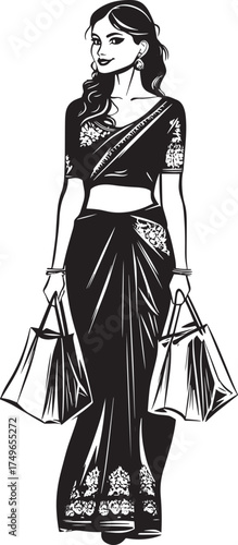 A woman in a traditional Indian sari holding shopping bags.