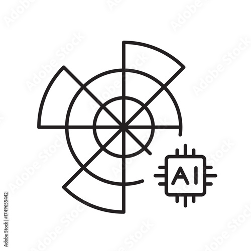 A vector icon representing a sunburst chart for AI-enhanced radial hierarchical visualization, created in line style with editable stroke