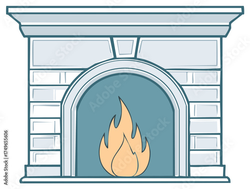 Cartoon fireplace illustration with a warm burning fire in a cozy home setting, vector graphic