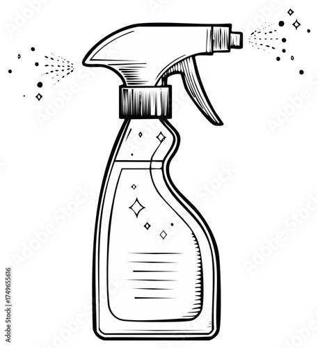 Hand-drawn illustration of a spray bottle emitting fine mist and sparkling droplets