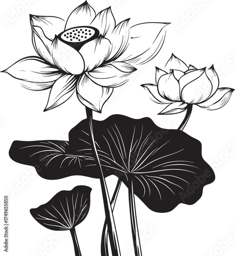 Three lotus flowers with leaves on a white background.