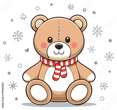 Cute teddy bear wearing a red and white striped scarf surrounded by falling snowflakes and circles