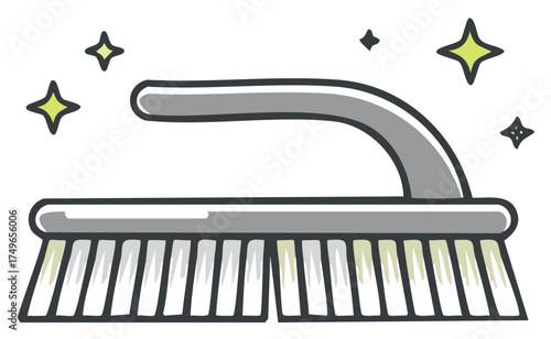 Vibrant cleaning brush illustration with glowing sparkles, symbolizing hygiene, domestic tasks, and spotless surfaces