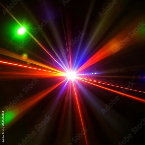 Colorful laser light beams on dark background, abstract glowing rays. Generative AI.