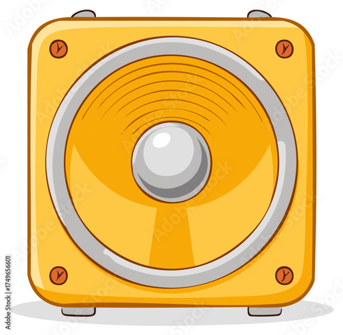 Cartoon yellow speaker with a large driver and silver trim, isolated on white