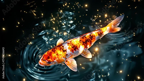 A single, stunning koi fish with vibrant orange, white, and black markings swims gracefully in dark, rippling water. Golden sparks illuminate the scene, creating a magical and serene atmosphere.