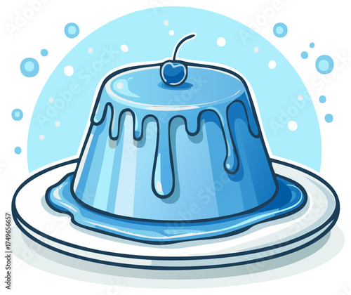 Blue Gelatin Dessert with Cherry Topping on a Plate Delicious Sweet Treat