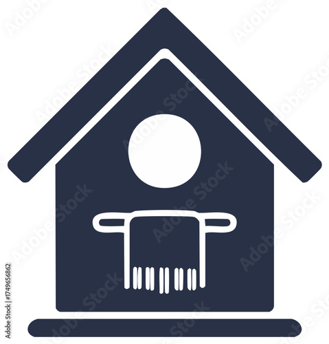 Simple house icon with a hanging towel representing a bathhouse, spa, or hotel amenity