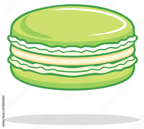 Green Macaron Dessert Pastry Treat, French Confection Illustration with Cream Filling and Cartoon Outline