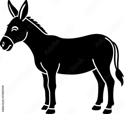 A solid black silhouette of a donkey in a standing position, facing to the right. The donkey has large, upright ears, a short mane, and a slightly curved tail. The style is minimalistic and clean, sui