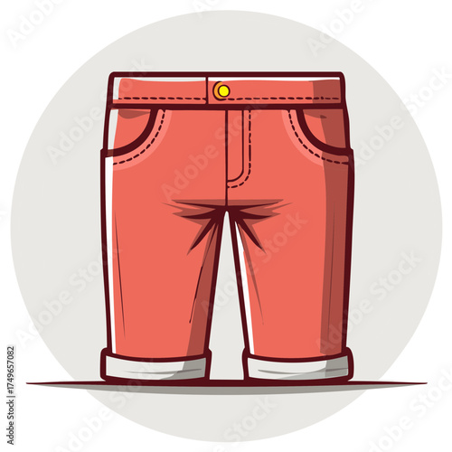 Red shorts illustration with pocket details and cuffed hemline, fashion style