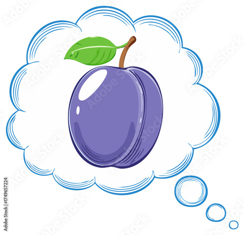 Vibrant purple plum with green leaf and stem in a blue thought bubble cartoon illustration