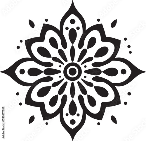 Rangoli black and white mandala with intricate floral patterns on a white background.