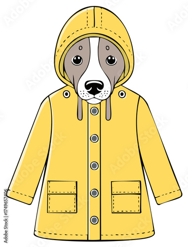 Cute illustration of a dog wearing a yellow raincoat and hood, ready for rainy weather.