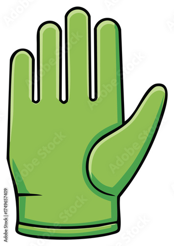 Lime green protective work glove with black outlines, cartoon style hand safety, cleaning, gardening, industrial equipment